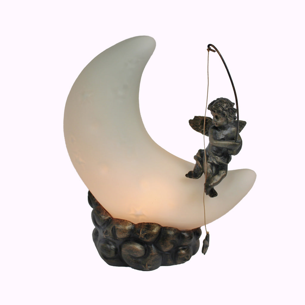 White Moon Cherub Sculptured Bronze Lamp