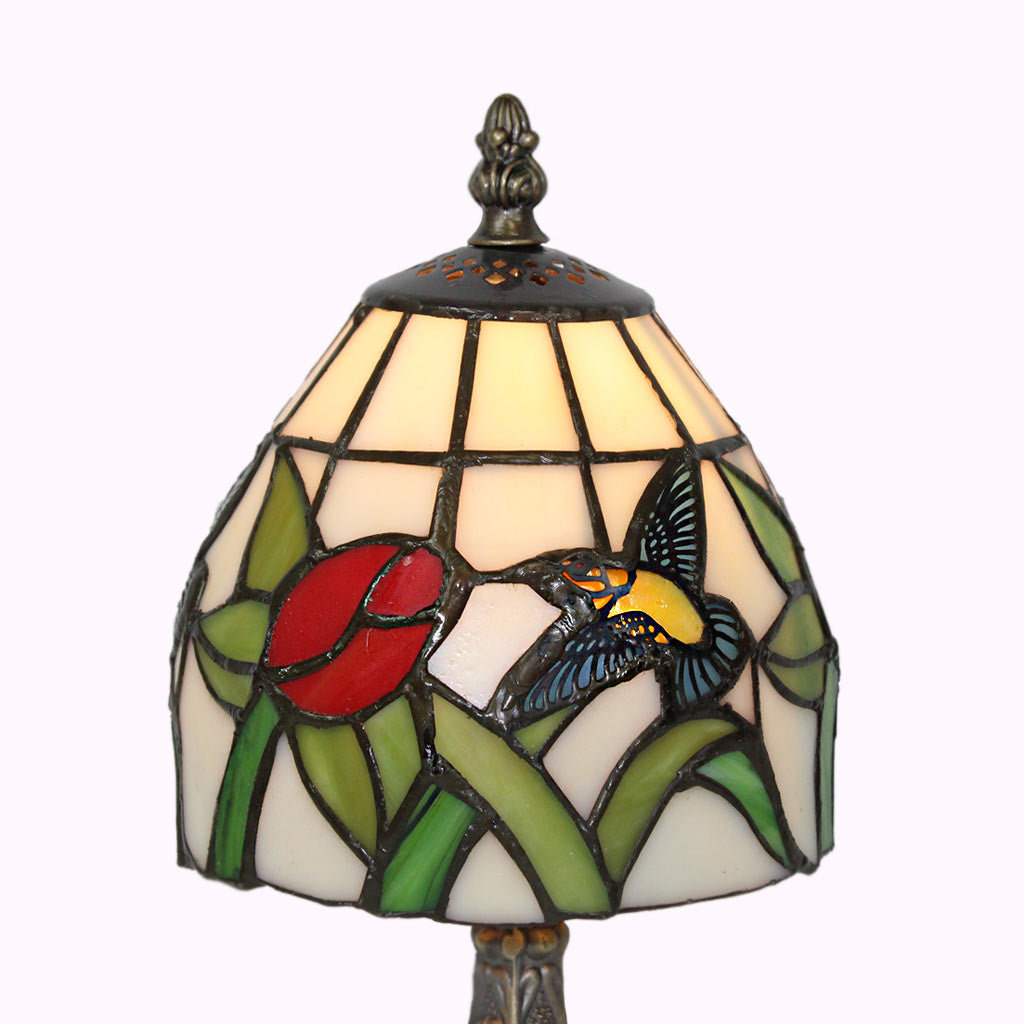 Hummingbird and Red Rose Tiffany Accent Lamp